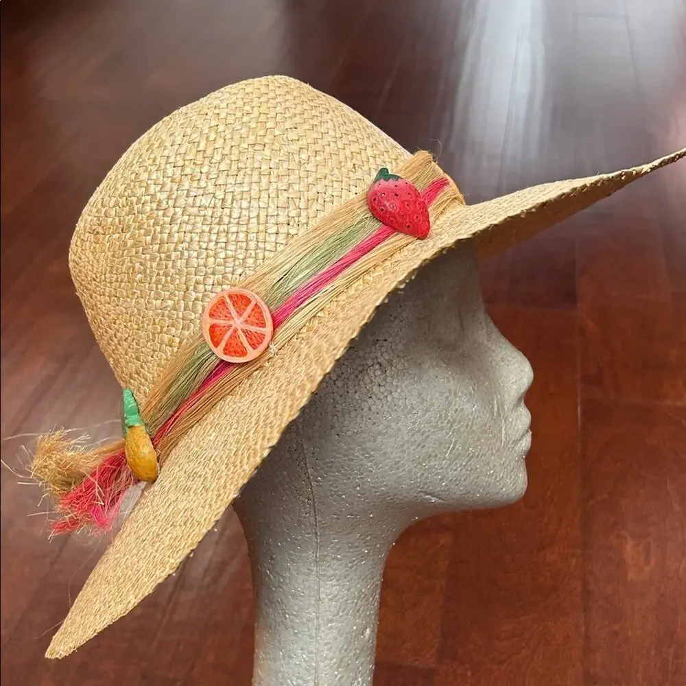 Woven Straw Hat with Fruit Details, Wide Brim Perfect for a Hot Day at the Beach